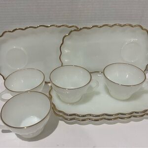 4 Sets Fire King ANCHOR HOCKING w/ Gold Trim Milk Glass Teacups & Snack Plate
